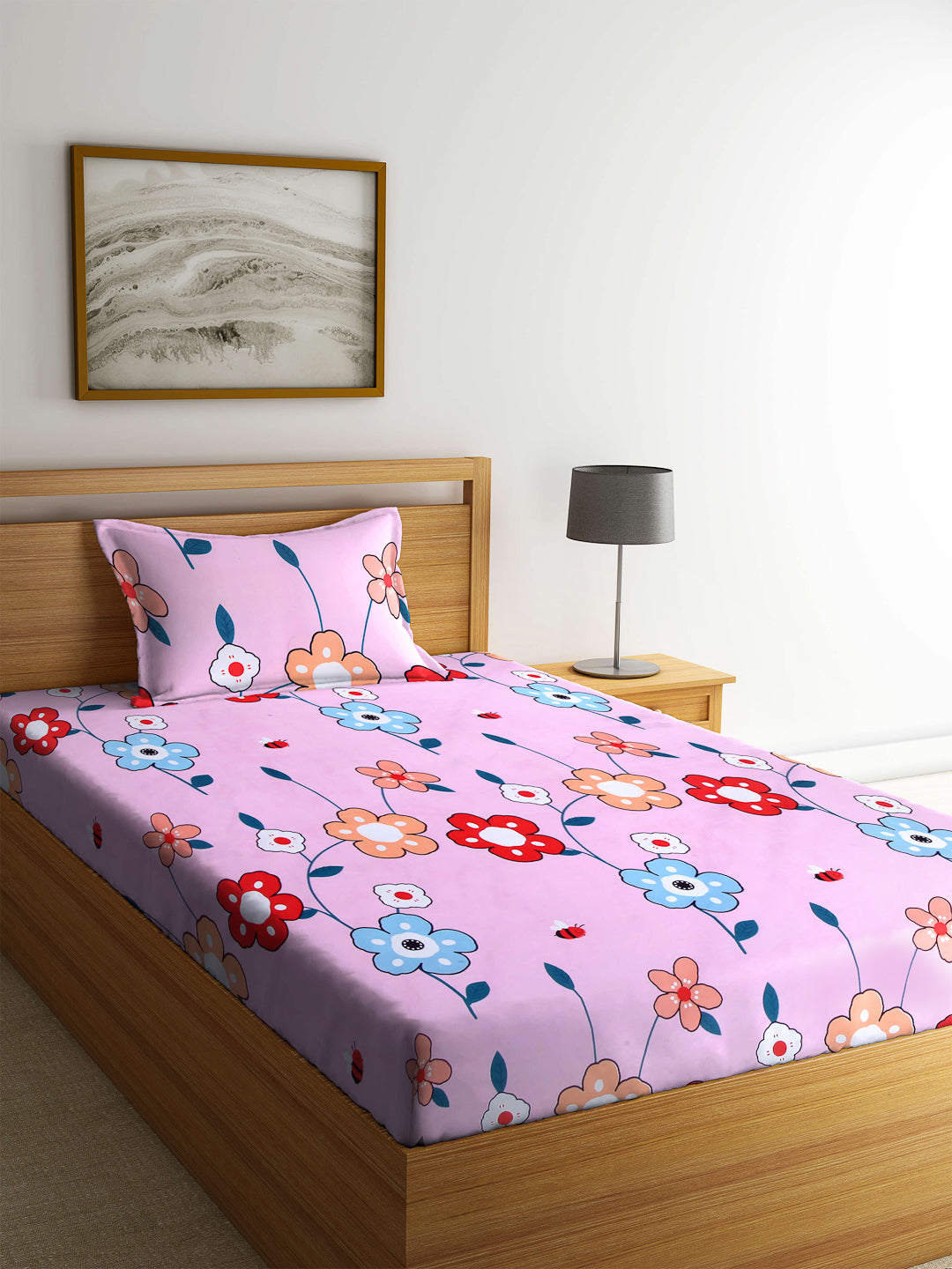 Klotthe Pink Floral 210 TC Cotton Blend Single Bed Sheet with Pillow Cover