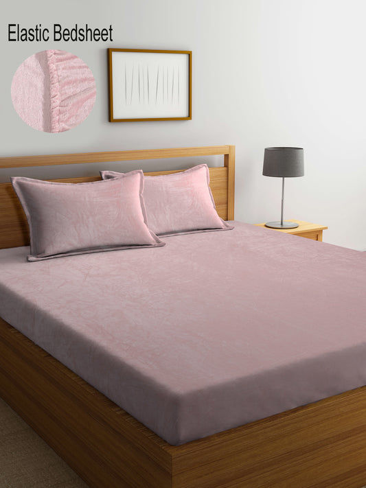Klotthe Light Pink Solid Woolen Fitted Double Bed Sheet with 2 Pillow Covers