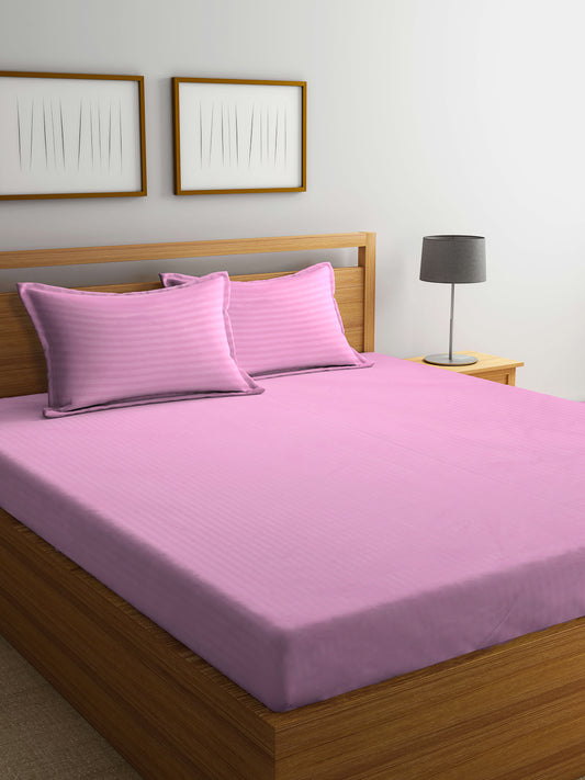 Klotthe Light Pink Striped 300 TC Cotton Blend Super King Double Bedsheet with 2 Pillow covers (270X270 cm)