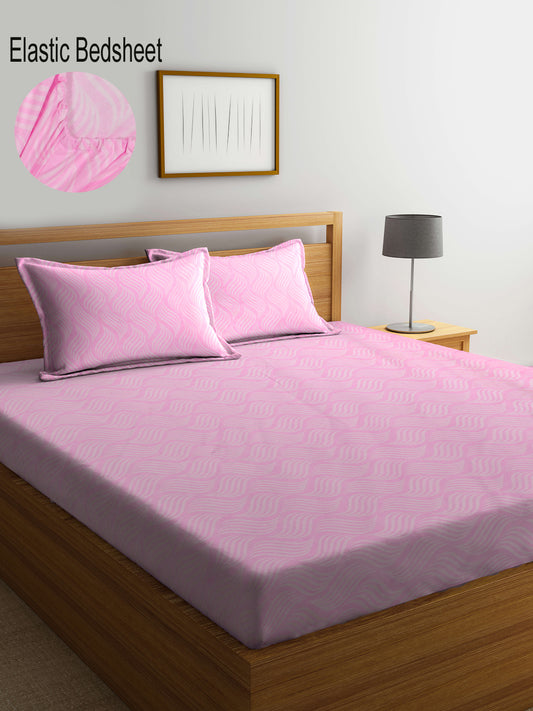 Klotthe Pink Abstract 300 TC Cotton Blend Fitted Double Bedsheet with 2 Pillow Covers