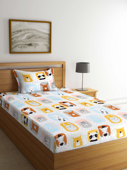 Klotthe Multi Cartoon Characters 210 TC PolyCotton Single Bedsheet with Pillow Cover