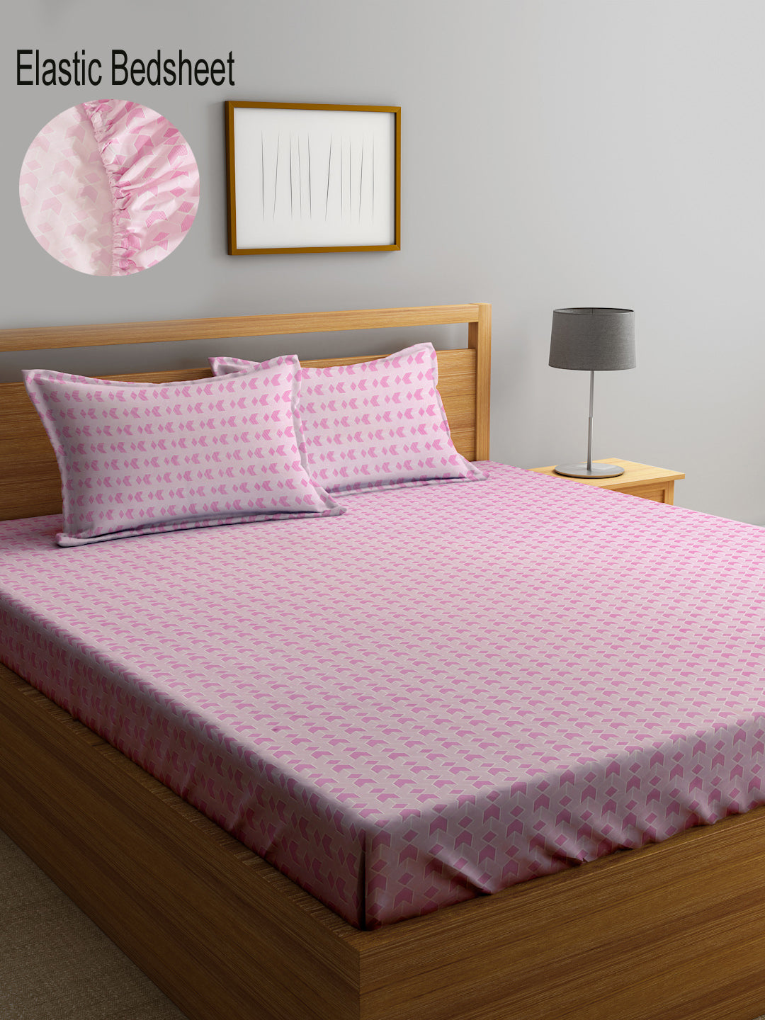 Klotthe Pink Geometric 300 TC Cotton Blend Fitted Double Bedsheet with 2 Pillow Covers