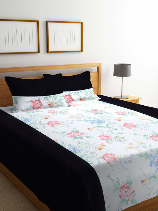 Klotthe Multicolor Floral Cotton Double Bed Cover With 2 Pillow Covers