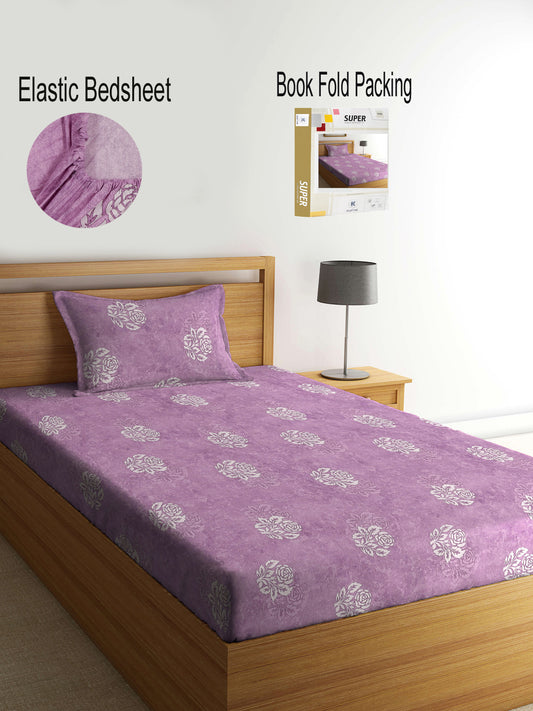 Klotthe Purple Floral 400 TC Pure Cotton Fitted Single Bedsheet Set in Book Fold Packing
