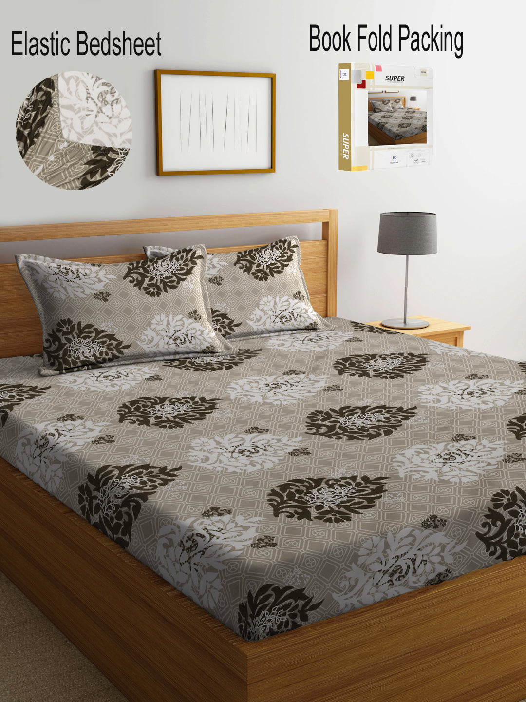 Klotthe Multi Abstract 300 TC Cotton Blend Fitted Double Bedsheet with 2 Pillow Covers in Book Fold Packing