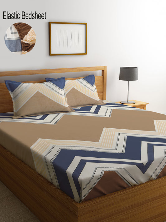 Klotthe Multi Abstract 300 TC Cotton Blend Elasticated Double Bedsheet Set in Book Fold Packing