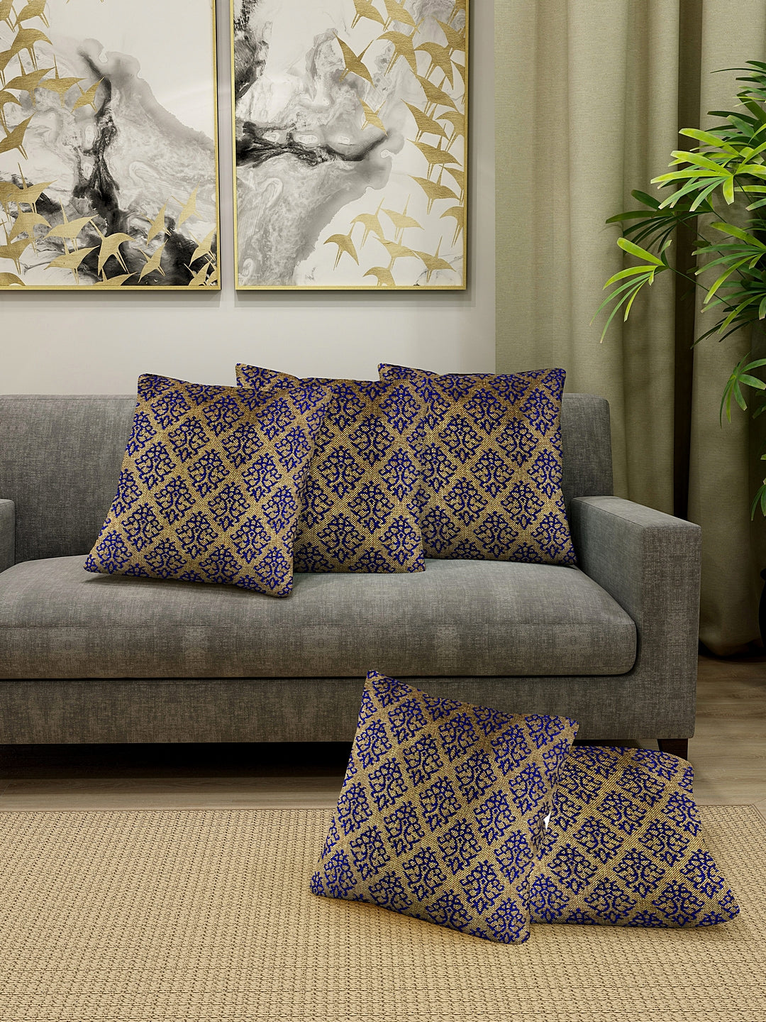 KLOTTHE Set of 5 Gold Polycotton Geometric Cushion Covers (40X40 cm)