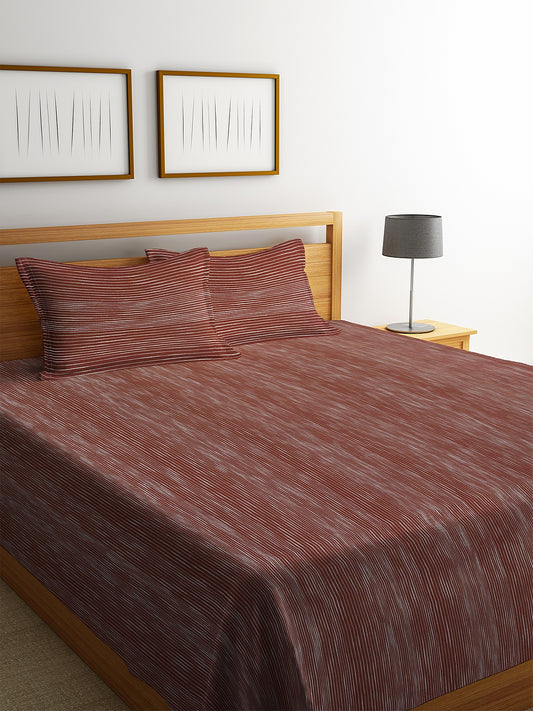 Klotthe Brown Striped 100% Cotton Double Size bedcover with 2  Pillow Covers