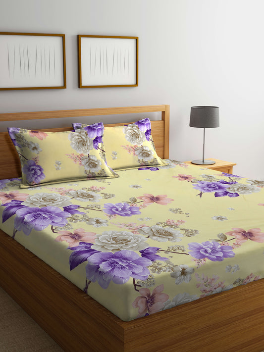 Klotthe Yellow Floral 300 TC Cotton Blend Double Bedsheet with 2 Pillow Covers