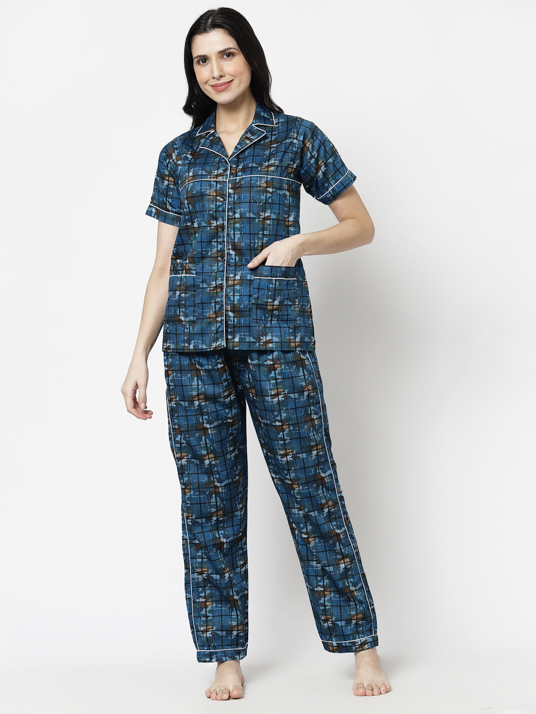 Klotthe Women Blue Geometric Print Pure Cotton Night Suit