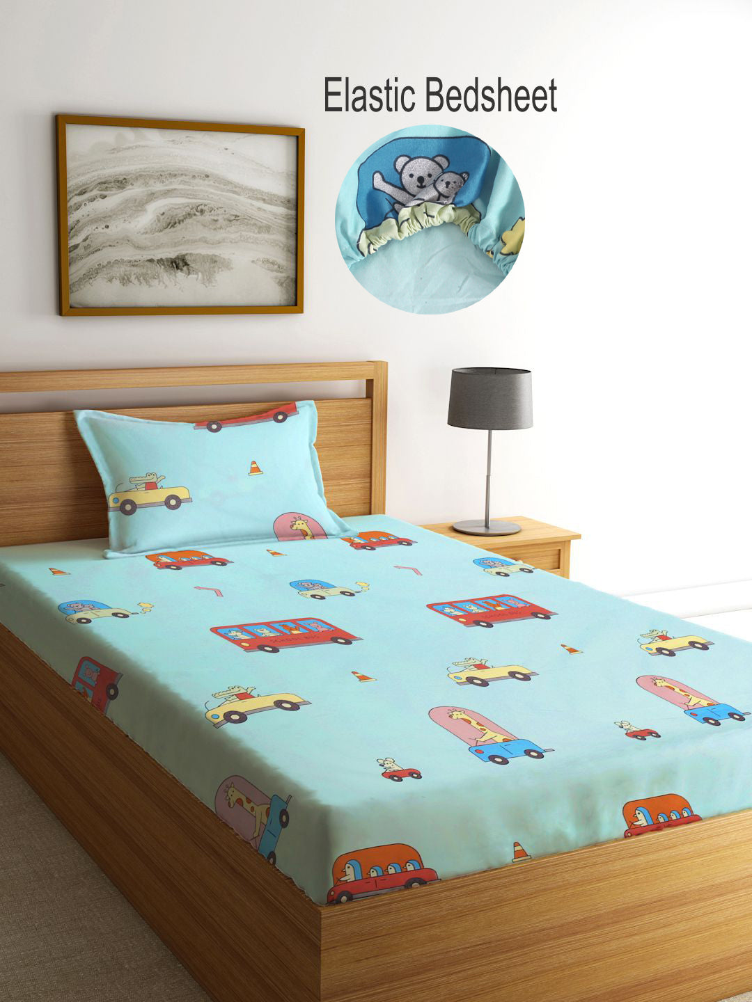 Klotthe Kids Multi Cartoon Characters 300 TC Cotton Blend Elasticated Single BedSheet with Pillow Cover