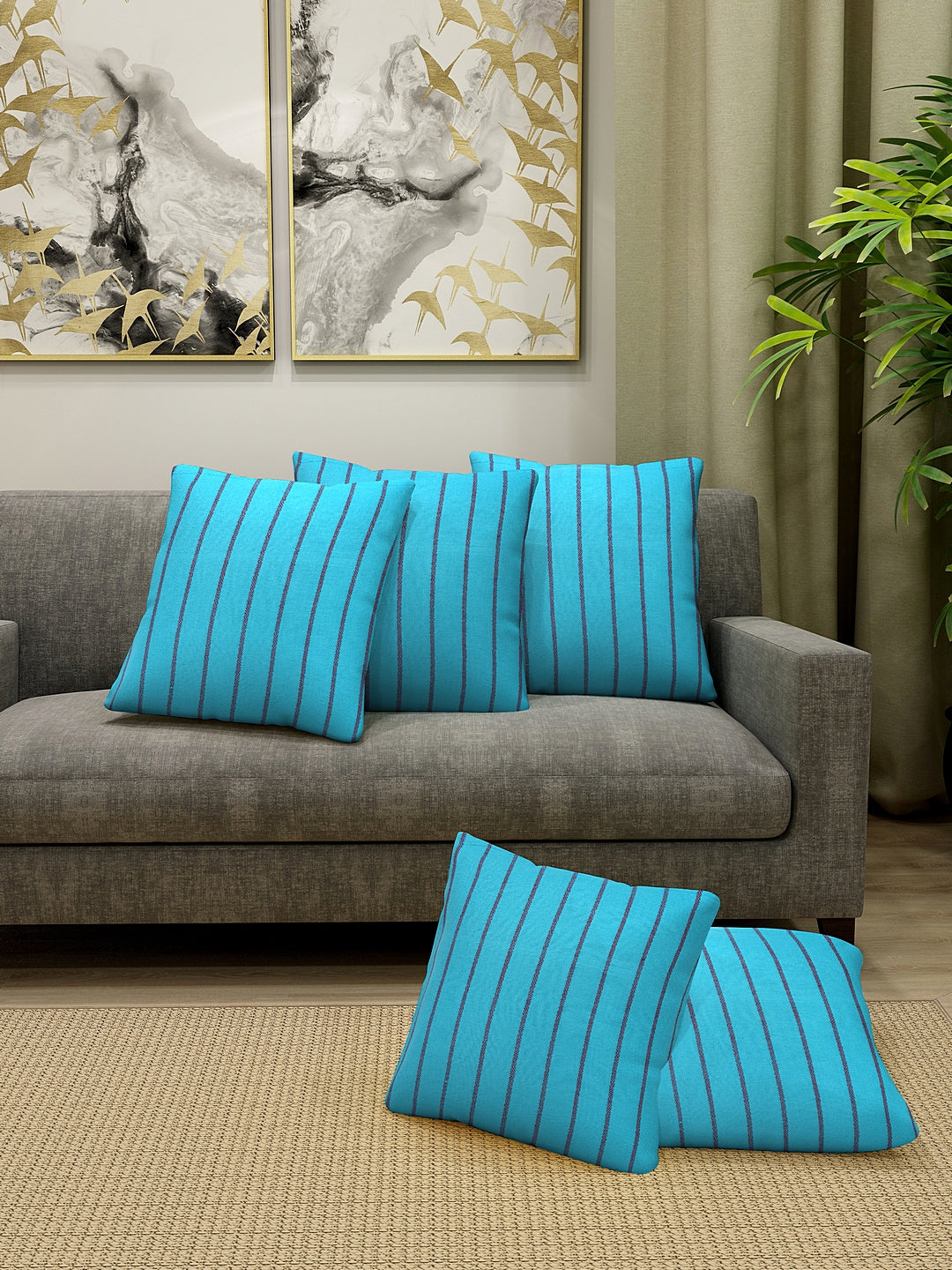 KLOTTHE Set of Five Turquoise Poly Cotton Cushion Covers With Microfibre Fillers (40X40 cm)