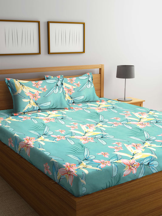 KLOTTHE Multi PolyCotton Floral 210 Thread Count Double King Bedsheet With 2 Pillow Covers (250X215 cm)