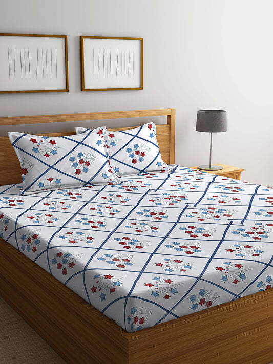 Klotthe Multicolor Floral 300 TC Cotton Blend Fitted Double Bedsheet in Book Fold Packing