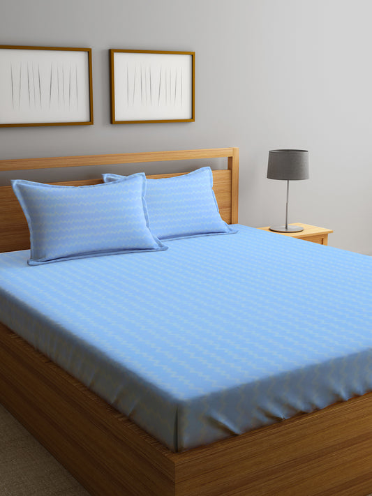 Klotthe Skyblue Abstract 300 TC Cotton Blend Fitted Double Bedsheet with 2 Pillow covers