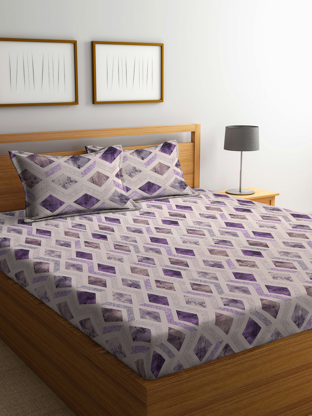 Klotthe Multicolor Geometric 400 TC Pure Cotton Fitted Double Bedsheet with 2 Pillow Covers