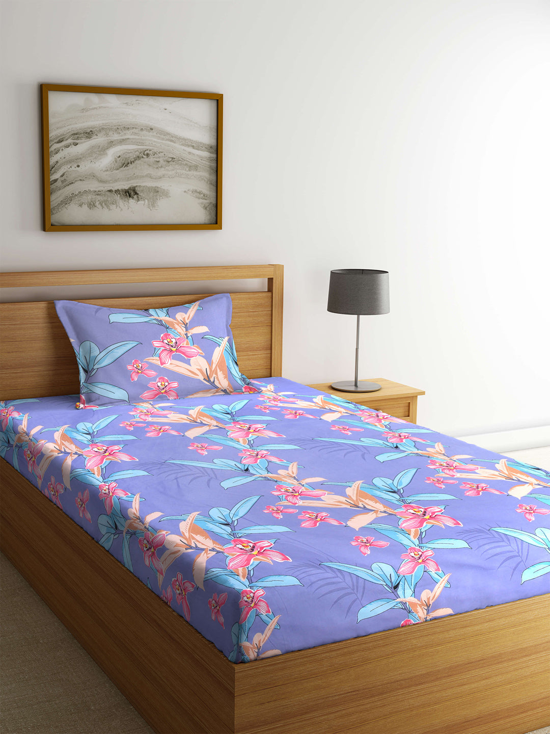 KLOTTHE Blue Polycotton Floral Single Bedsheet with 1 Pillow Cover (215X150 cm)