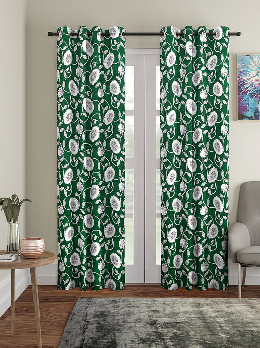 KLOTTHE Green Polycotton Floral Curtain (Size-7ft)