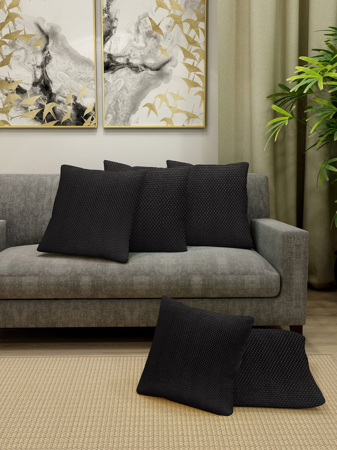 KLOTTHE Set of 5 Black Polycotton Self Design Cushion Covers (40X40 cm)