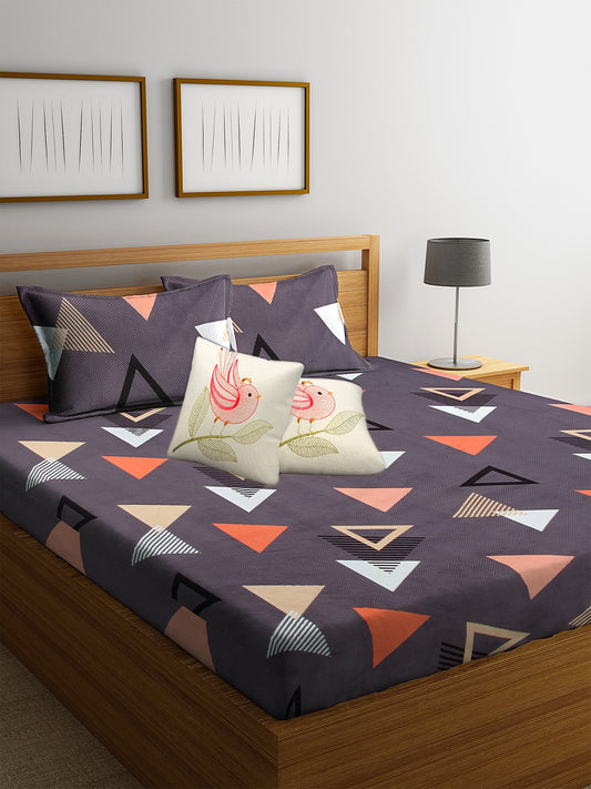 Klotthe Multicolor Geometric Cotton Blend Double Bed Sheet, 2 Pillow Covers & 2 Cushion Covers
