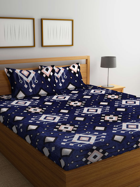 Klotthe Blue Printed Woolen Double Bed Sheet with 2 Pillow Covers