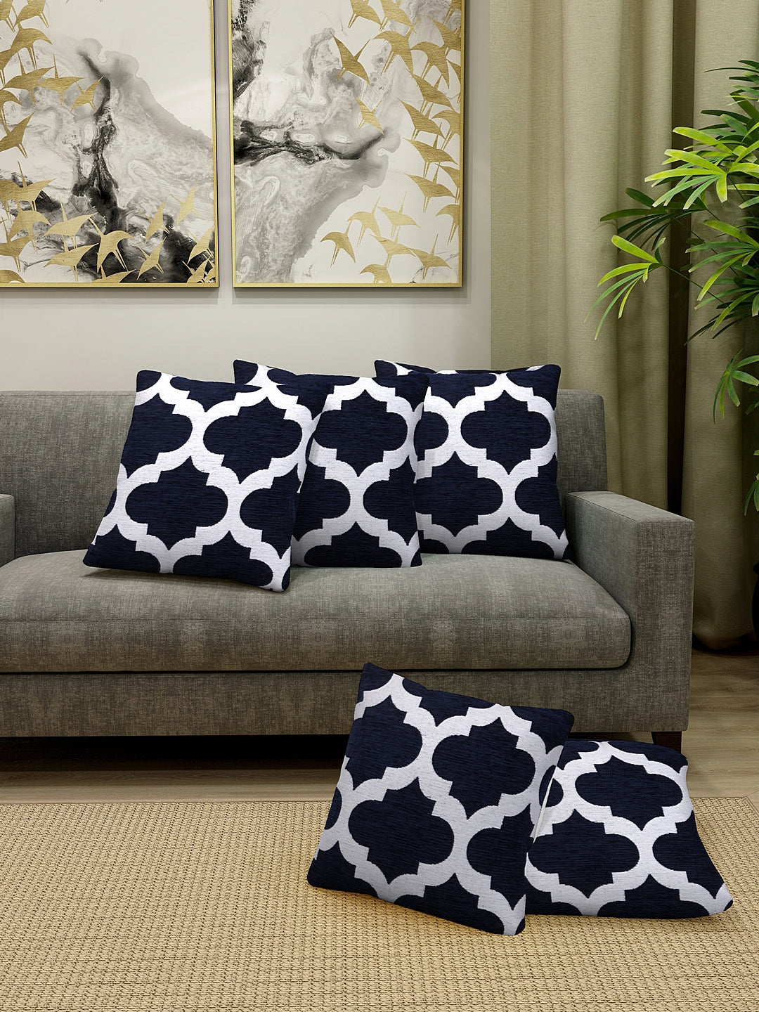 KLOTTHE Set of Five NavyBlue Poly Cotton Cushion Covers With Microfibre Fillers (40X40 cm)