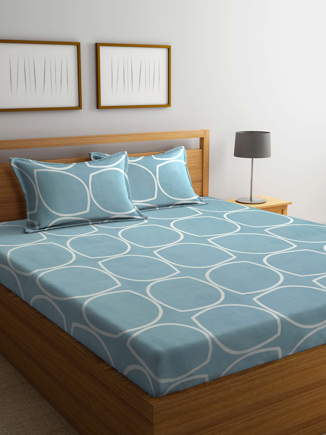 Klotthe SkyBlue Geometric 300 TC Cotton Blend Fitted Double Bedsheet in Book Fold Packing