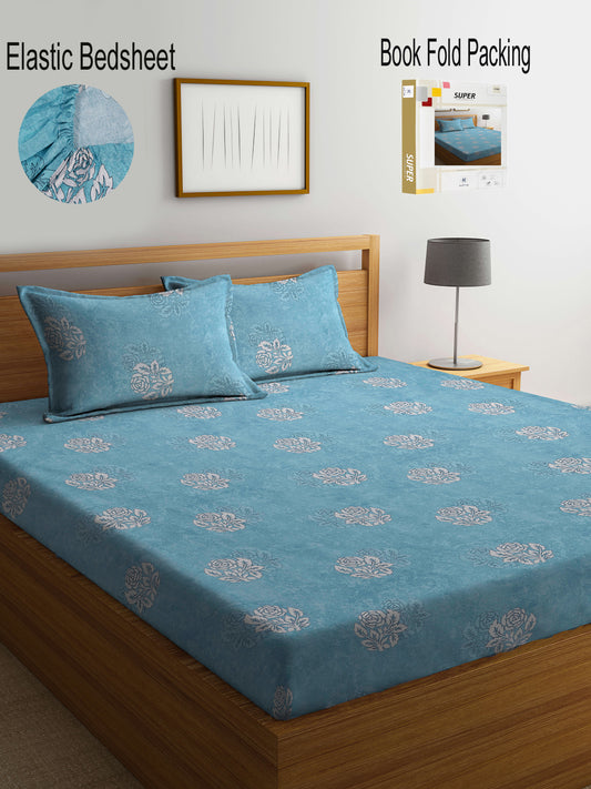 Klotthe Turquoise Floral 400 TC Pure Cotton Fitted Double Bedsheet Set in Book Fold Packing