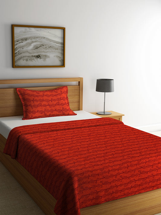 Klotthe Red wooven design Single Bed cover with one pillow cover