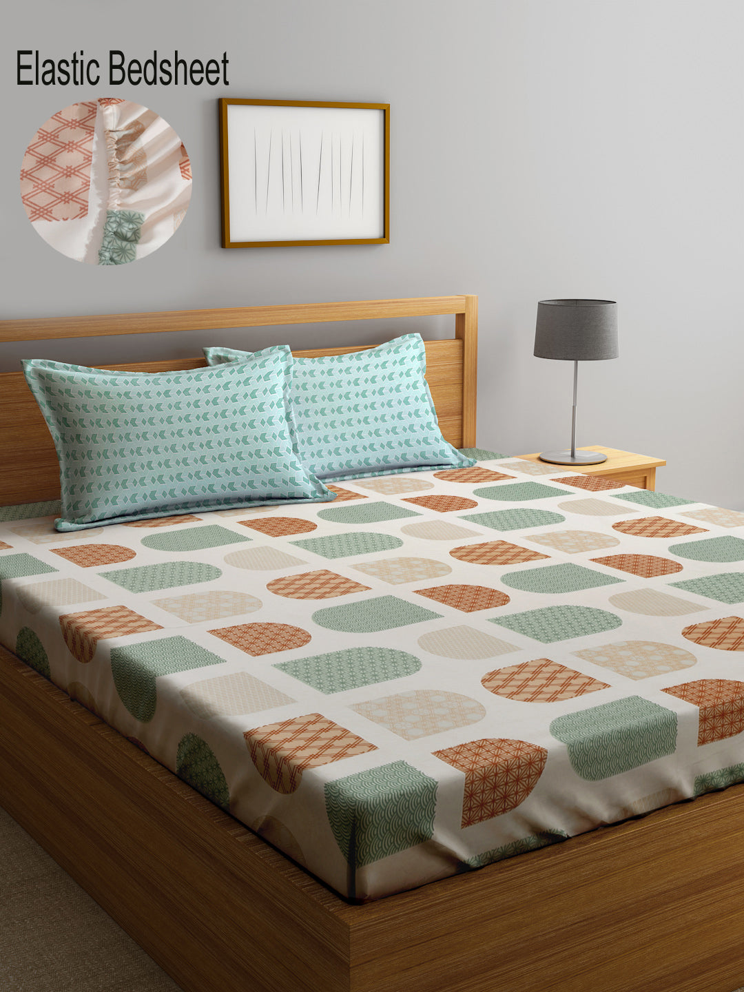 Klotthe Multicolor Geometric 300 TC Cotton Blend Fitted Double Bedsheet with 2 Pillow Covers