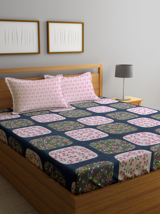 Klotthe Multicolor Floral 300 TC Cotton Blend Fitted Double Bedsheet Set in Book Fold Packing