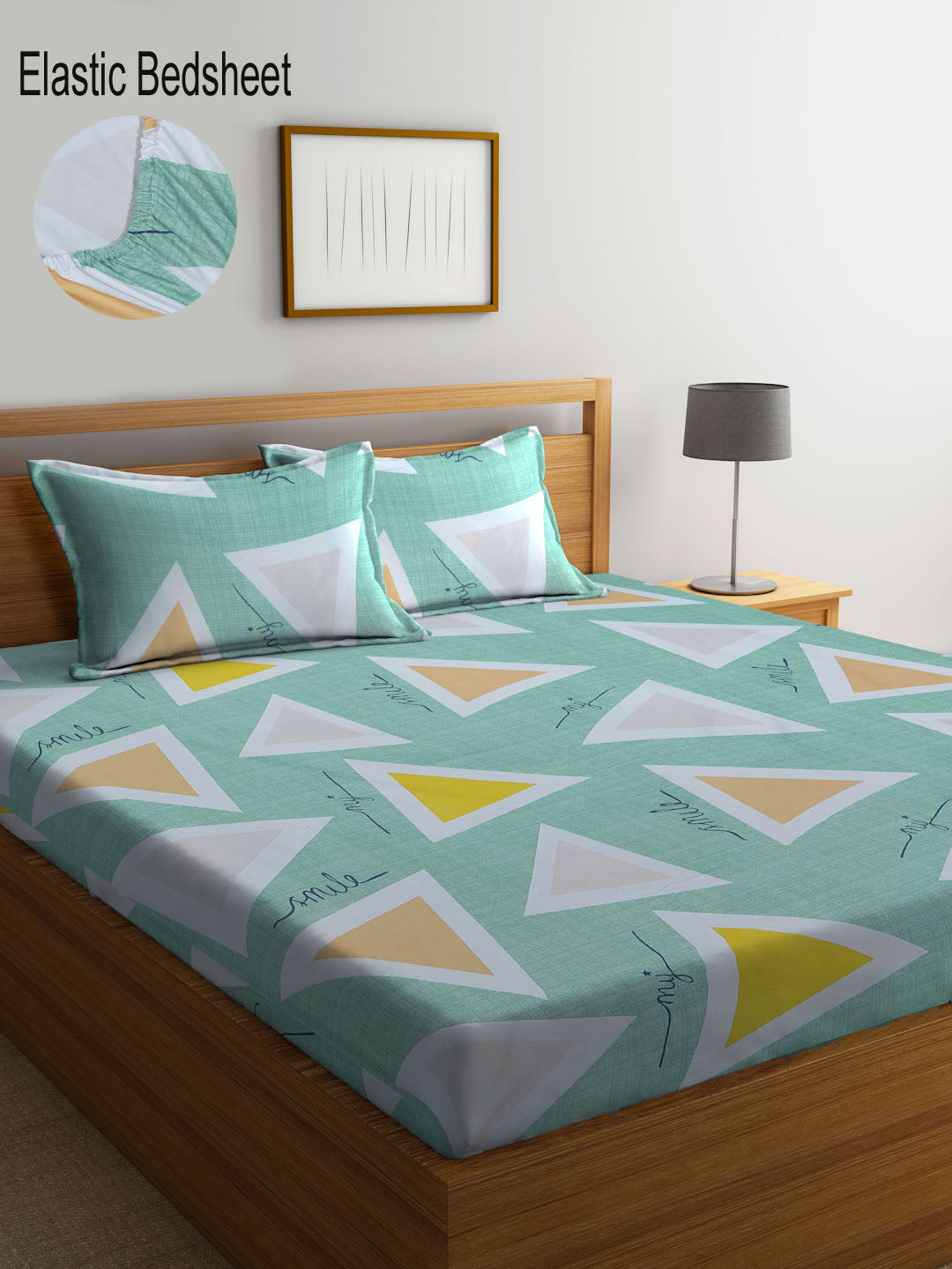 Klotthe Multi Geometric 300 TC Cotton Blend Elasticated Double Bedsheet with 2 Pillow Covers