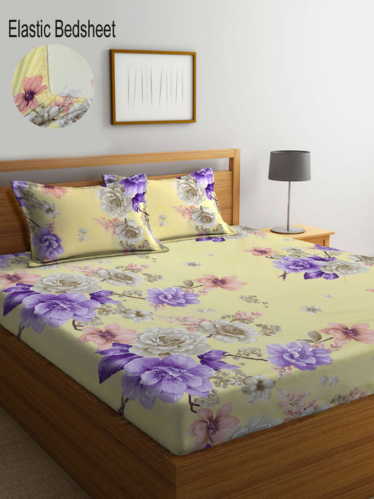 Klotthe Yellow Floral 300 TC Cotton Blend Elasticated Double Bedsheet with 2 Pillow Covers