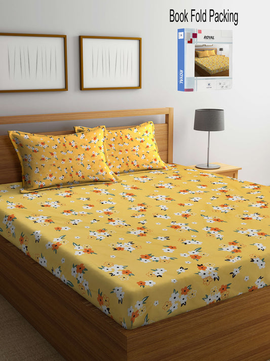 Klotthe Yellow Floral 300 TC Cotton Blend Double Bed Sheet with 2 Pillow Covers in Book Fold Packing