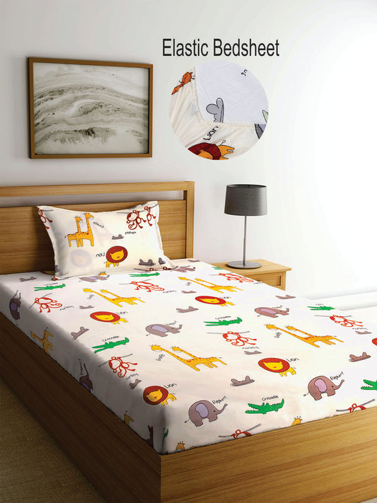 Klotthe Kids Multi Cartoon Characters 300 TC PolyCotton Blend Elasticated Single Bedsheet with Pillow Cover