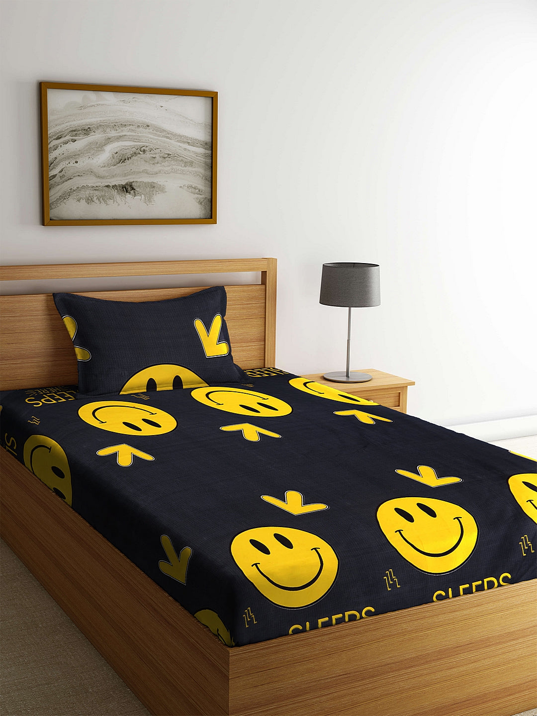 Klotthe Black Cartoon Characters Cotton Blend Single Bedsheet with Pillow cover