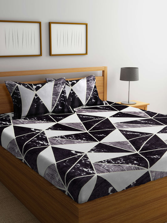 Klotthe Black Printed Woolen Double Bed Sheet with 2 Pillow Covers