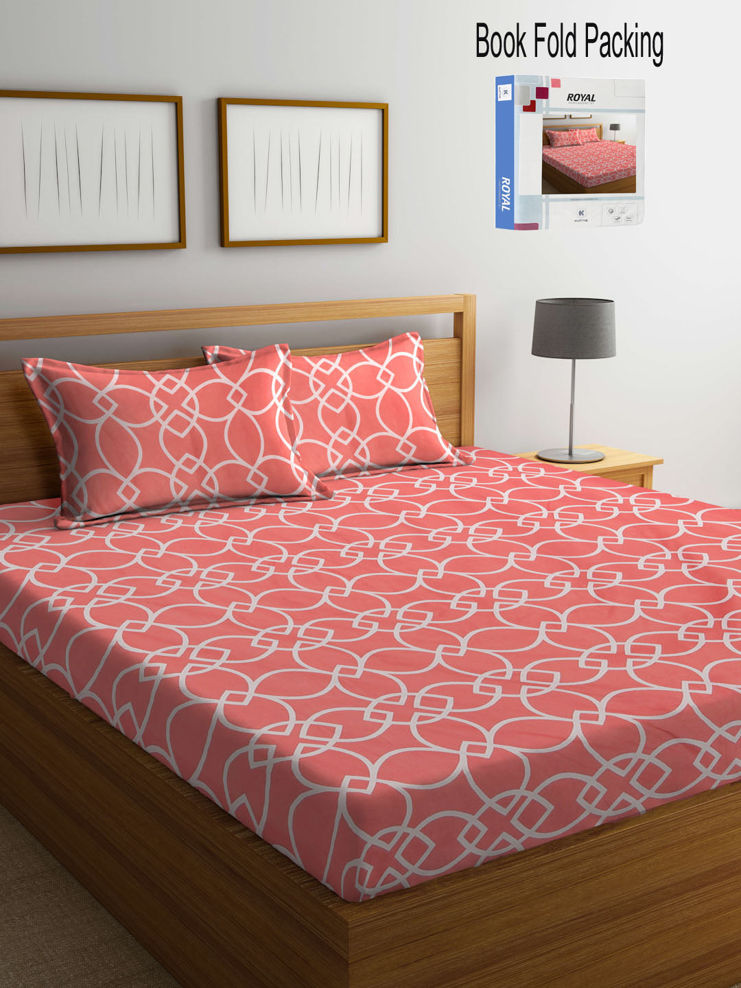 Klotthe Multi Geometric 300 TC Cotton Blend Double Bed Sheet with 2 Pillow Covers in Book Fold Packing