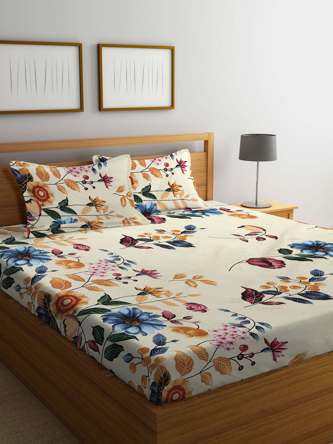 Klotthe Multi Floral 300 TC Cotton Blend Double Bedsheet with 2 Pillow Covers