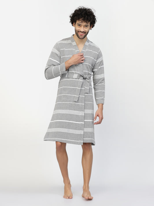 Klotthe Men Grey Striped Cotton Bath Robe With Belt