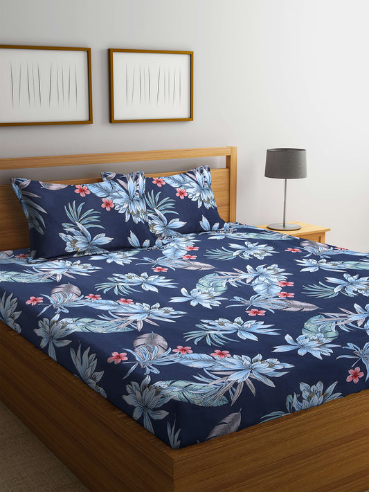 KLOTTHE Blue PolyCotton Floral 210 Thread Count Double King Bedsheet With 2 Pillow Covers (250X215 cm)