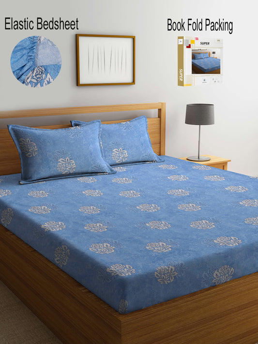 Klotthe Blue Floral 400 TC Pure Cotton Fitted Double Bedsheet Set in Book Fold Packing