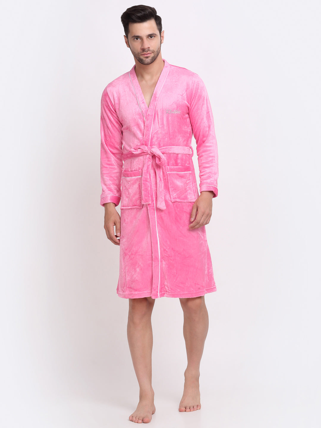 Klotthe Men Light Pink Solid Wool Bath Robe With Belt