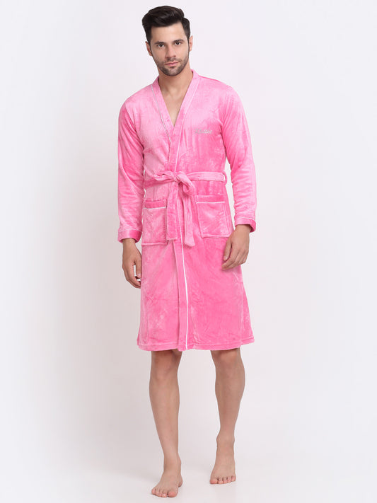 Klotthe Men Light Pink Solid Wool Bath Robe With Belt