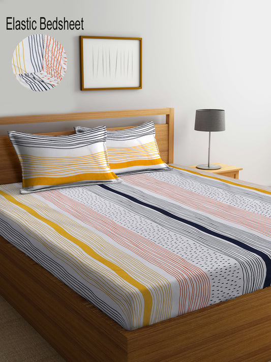 Klotthe Multi Striped 300 TC Cotton Blend Elasticated Super King Double Bedsheet with 2 Pillow Covers (270X270 cm)