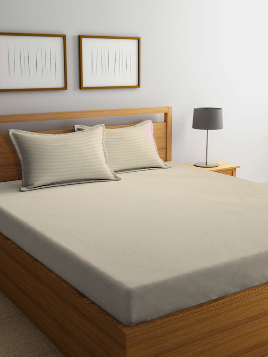 Klotthe Beige Striped 300 TC Cotton Blend Super King Double Bedsheet with 2 Pillow covers (270X270 cm)