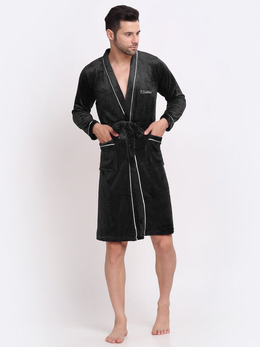 Klotthe Men Black Solid Wool Bath Robe With Belt
