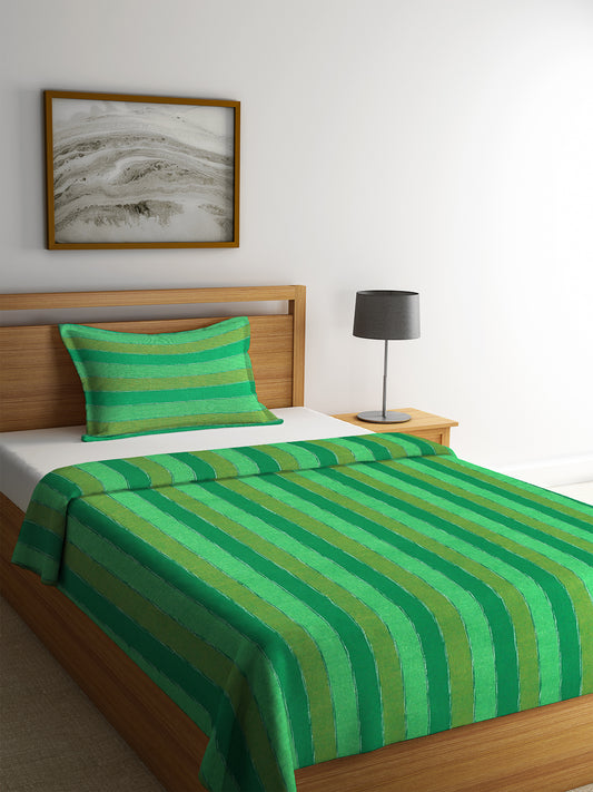 KLOTTHE Green Cotton Striped Single Bed Cover With 1 Pillow Cover (225X150 cm)