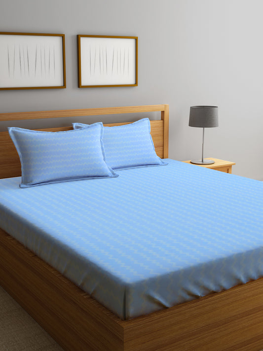 Klotthe Skyblue Abstract 300 TC Cotton Blend Fitted Double Bedsheet Set in Book Fold Packing