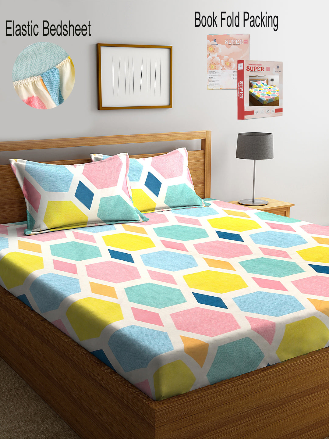 Klotthe Multi Geometric 300 TC Cotton Blend Elasticated Double Bedsheet with 2 Pillow Cover in Book Fold Pack